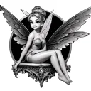 tinker bell with larger wings sitting on her kness tattoo design idea