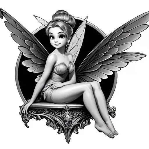 tinker bell with larger wings sitting on her kness tattoo design idea
