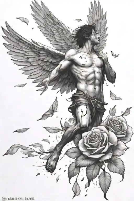 Icarus falling from the sky with dead rose petals falling beside him tattoo design idea