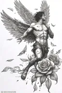 Icarus falling from the sky with dead rose petals falling beside him tattoo design idea