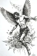 Icarus falling from the sky with dead rose petals falling beside him tattoo design idea