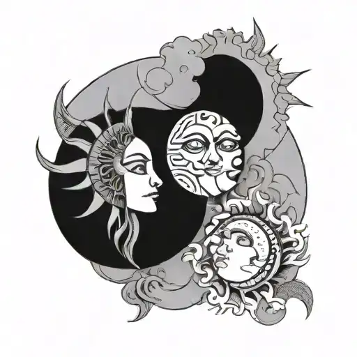 sun and moon, black and white ink only, cloud details included, faces on both sun and moon, bold dark lines tattoo design idea