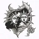 sun and moon, black and white ink only, cloud details included, faces on both sun and moon, bold dark lines tattoo design idea