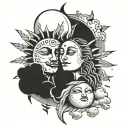 sun and moon, black and white ink only, cloud details included, faces on both sun and moon, bold dark lines tattoo design idea