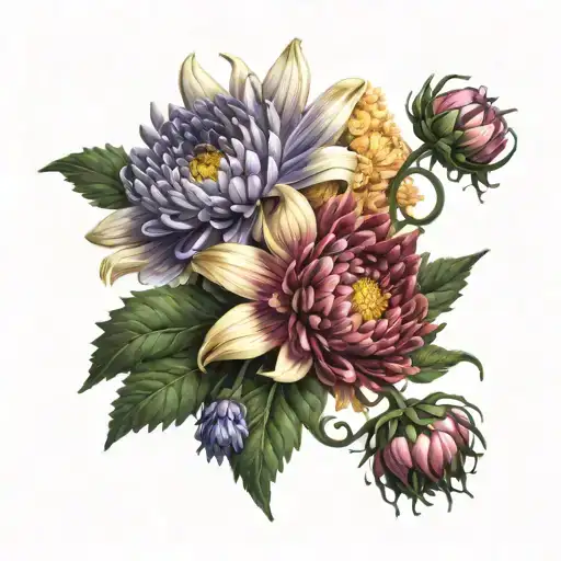 chrysanthemum, honeysuckle, carnation, aster flowers tattoo design idea