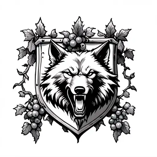 shield-shaped crest with a grapevine climbing up. A snarling wolf's head is at the tattoo design idea