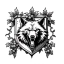 shield-shaped crest with a grapevine climbing up. A snarling wolf's head is at the tattoo design idea