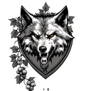 shield-shaped crest with a grapevine climbing up. A snarling wolf's head is at the tattoo design idea