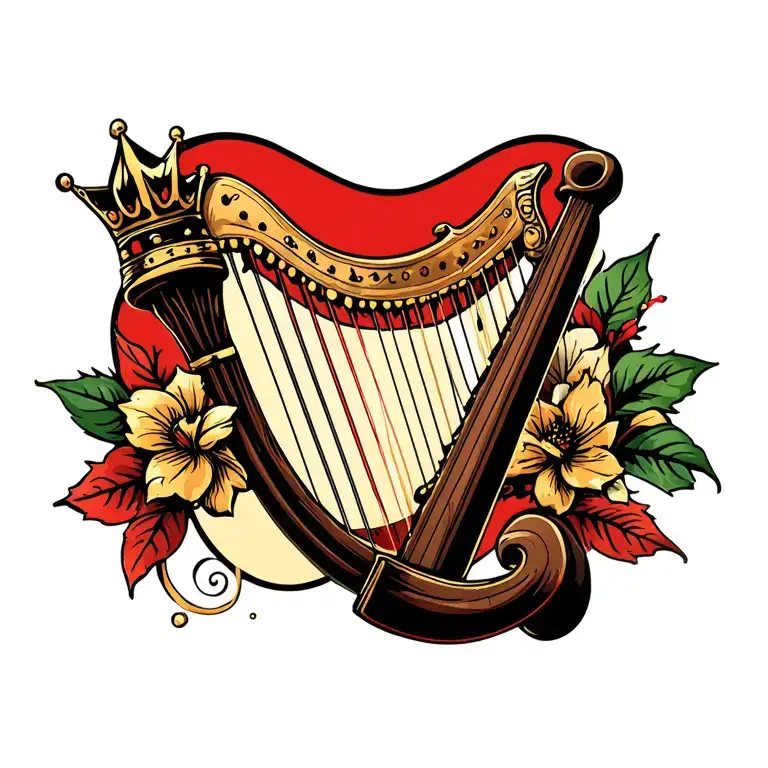 harp with crown hanging tattoo design idea