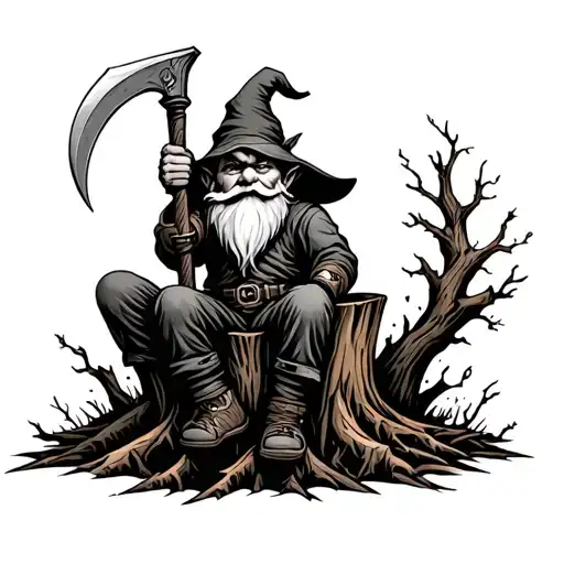 Evil Redcap Gnome Sitting on Rotting Tree Stump holding a hand Scythe as a weapon Back of hand tattoo fade for knuckles tattoo design idea