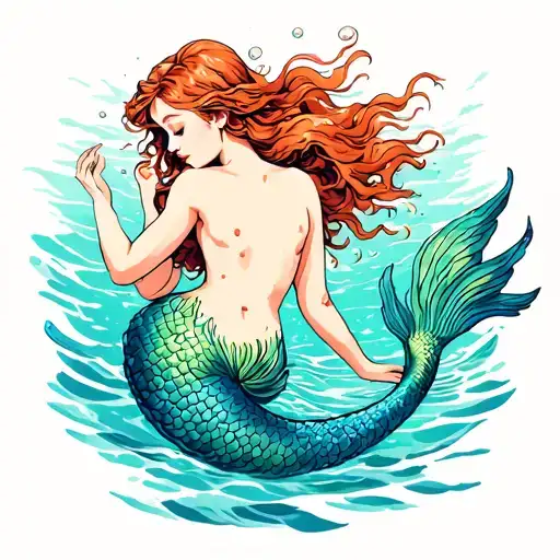 topless sensual mermaid large breastsredhead swimming underwater tattoo design idea