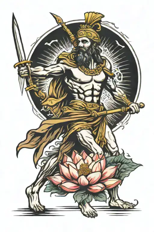 odysseus with spear and lotus shirt and spear full body tattoo design idea