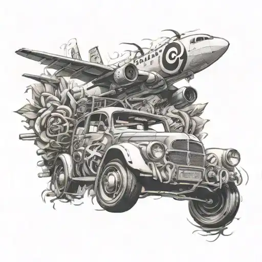 Airbus, car, money, fire, thorn, rose intertwined tattoo design idea