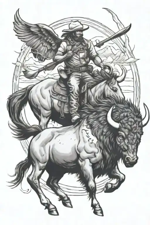 buffalo with trout and Wyoming bucking bronco tattoo design idea