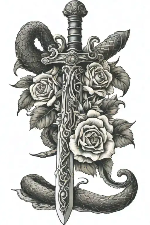 sword with snake and flowers tattoo design idea