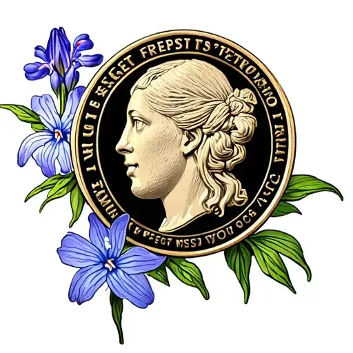 elongated coin with hyacinth and forget me nots tattoo design idea