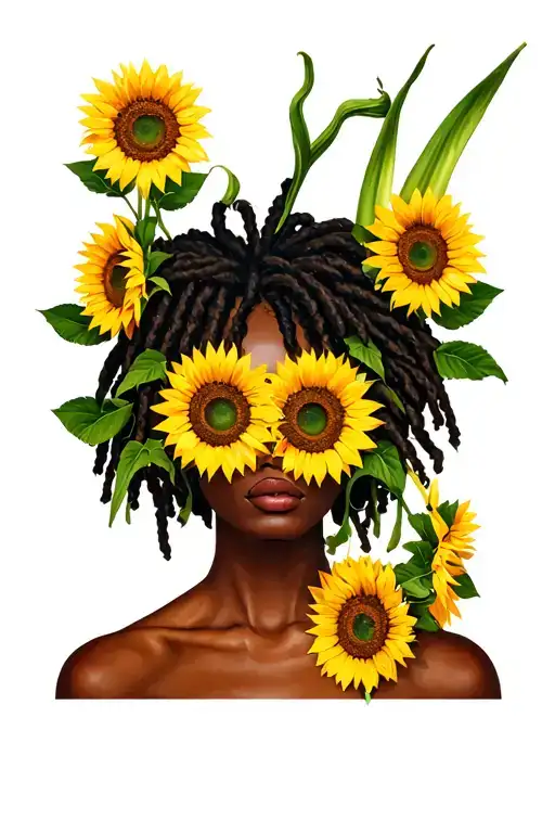 sunflowers and snake plant in a black woman with dreadlocks. the sunflowers totally cover their eyes tattoo design idea