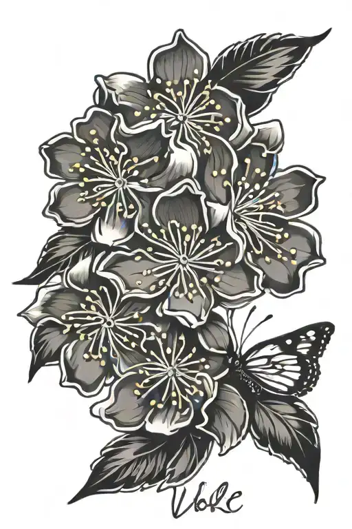 a small vertical arm tattoo of cherry blossoms and butterflies and the word “volle autonomie” written vertically down t tattoo design idea