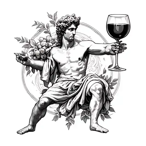Young Greek god of wine Dionysus full-length with legs tattoo sketch black white outline tattoo design idea
