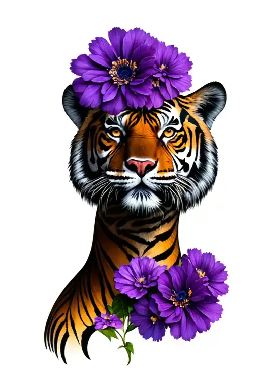 tiger face with pretty purple flowers growing up to neck tattoo design idea