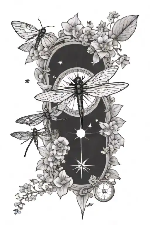 Compass Rose With A Dragonfly Perched On Top, Surrounded by forget me nots and stars tattoo design idea
