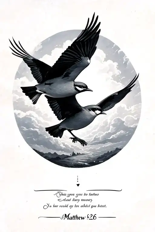 birds flying towards sky with Matthew 6:26 tattoo design idea