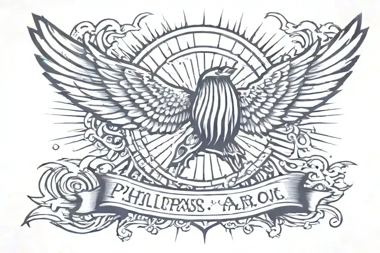 Philippians 4:6 verse with sun rays and wings spread wide tattoo design idea