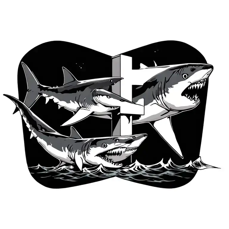 cross surrounded by sharks tattoo design idea
