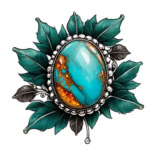 western brooch turquoise with amber marble inside dark green leaves tattoo design idea