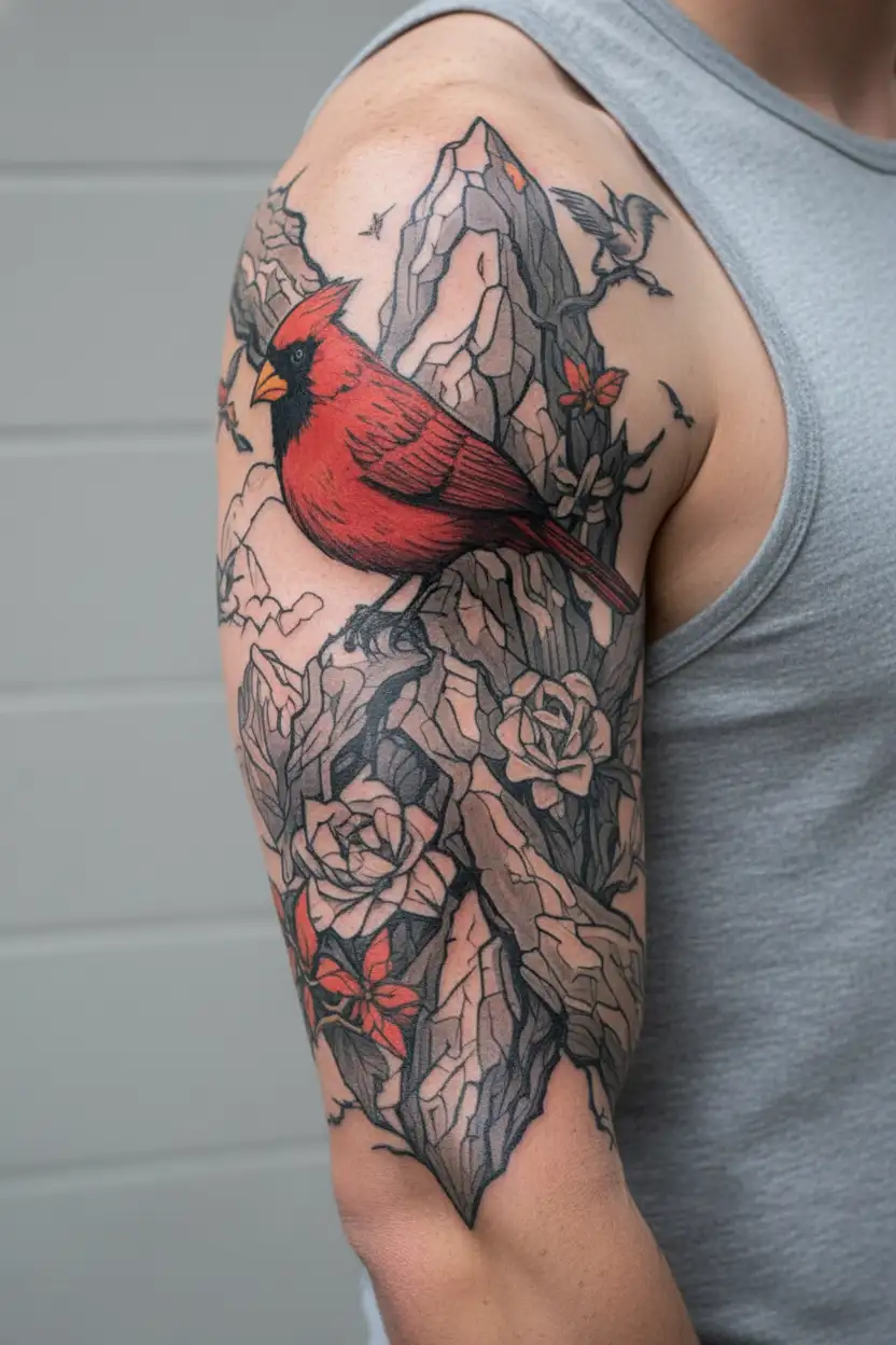 mt. Everest and small cardinal flying tattoo design idea