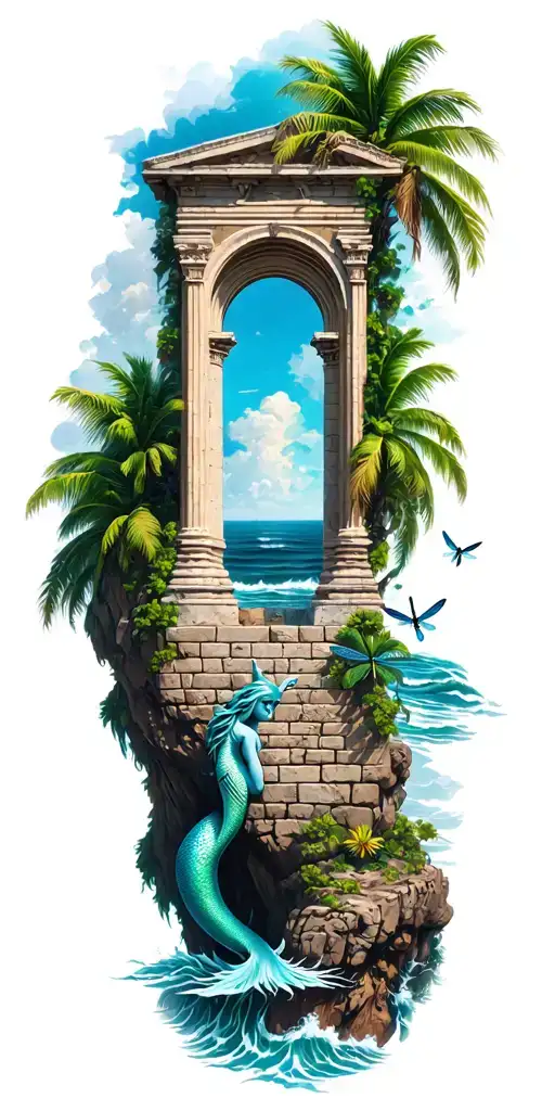 ancient Roman stone wall with arch windows openings on cliff with palm trees with ocean and dragonflies and a mermaid  tattoo design idea