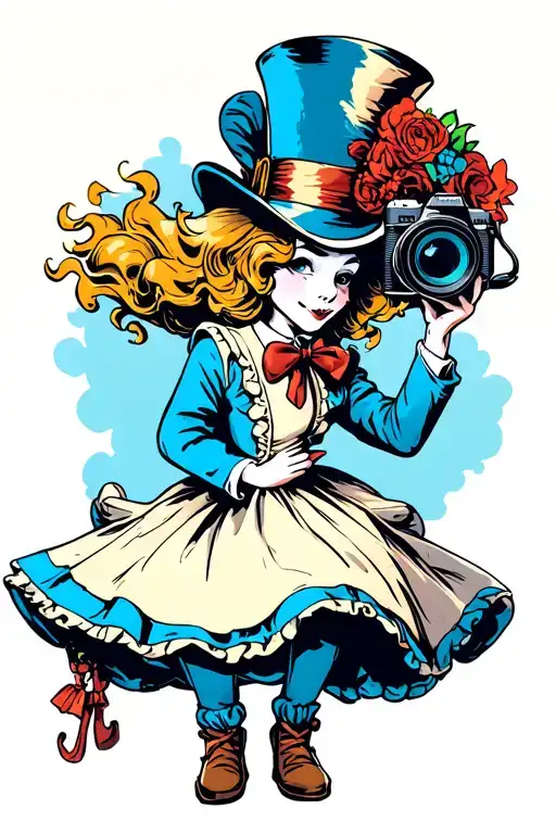 mad hatter taking pictures with a DSLR of Alice drifting a pur tattoo design idea