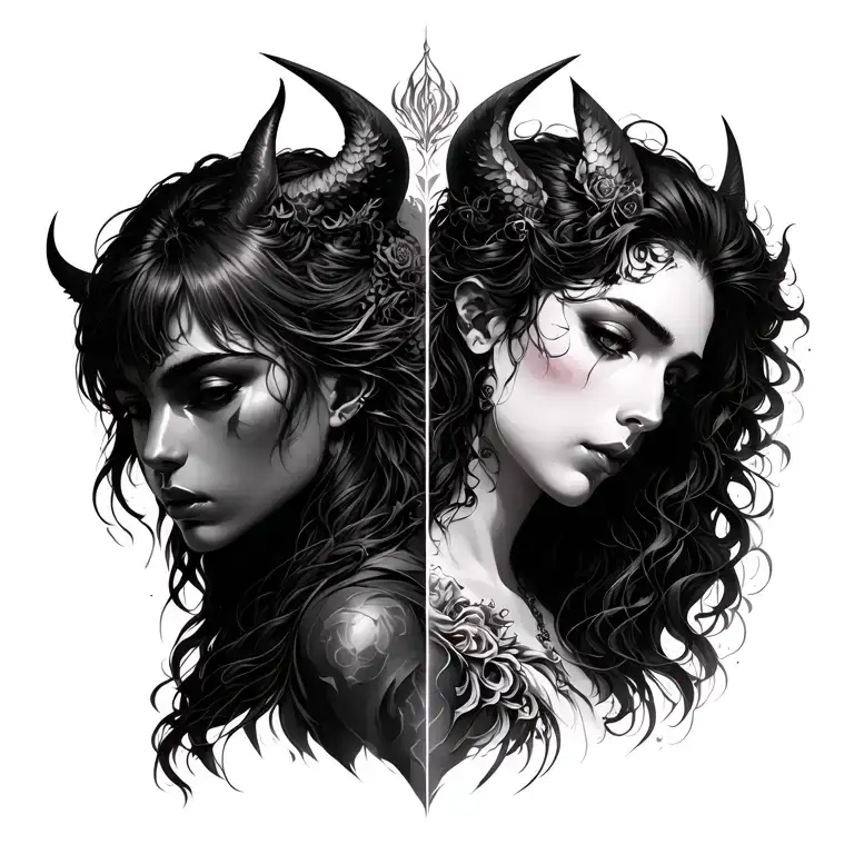  back divided in two parts, good and evil. hell and heaven. angel and devil. ying and jang tattoo design idea