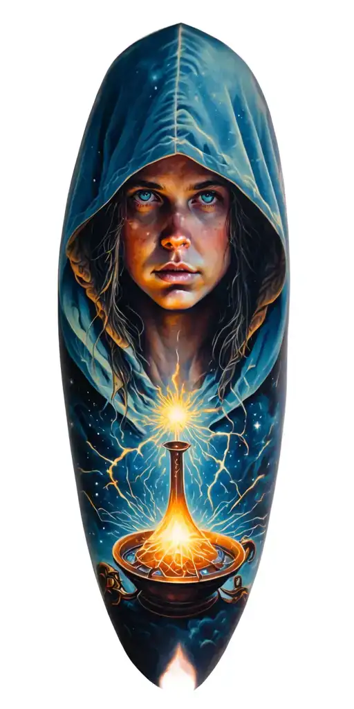 hooded alchemist whose face isn't showing, starry sky, heaven, sparks tattoo design idea