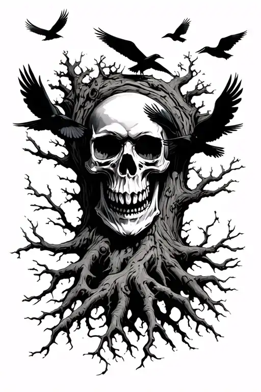vampire skull in tree roots with crows flying above  tattoo design idea