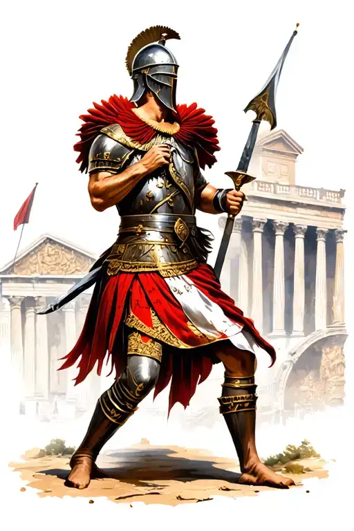 A real strong roman soldiers wearing a closed helmet in action with lighting and a Roman building in the background tattoo design idea