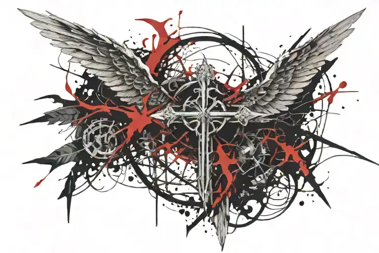 crown of thorns with wings and sword tattoo design idea