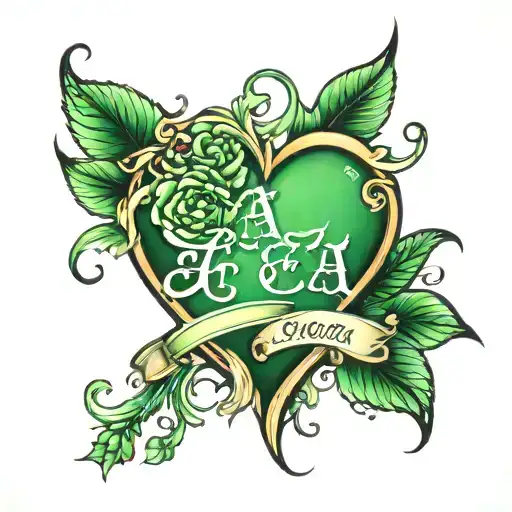 EA text with green heart tattoo design idea
