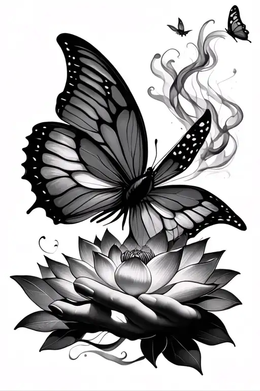 butterfly flying, lotus flower, smoke, hands moving tattoo design idea