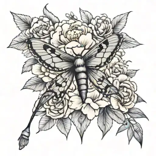 feminine hawk moth with peonies flower tattoo with wife tattoo design idea