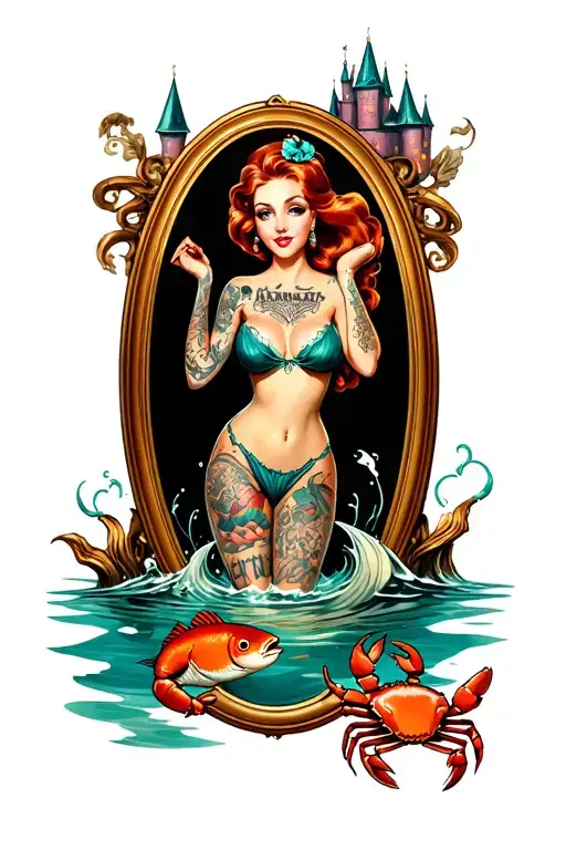 pin up ariel with tattoos, fish and crab, oval picture frame, under water castle in the background tattoo design idea