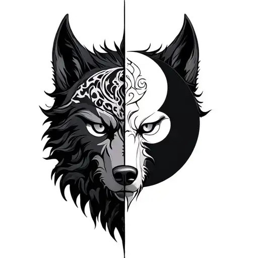 Oni mask split in half wolf face moon phases tattoo design idea