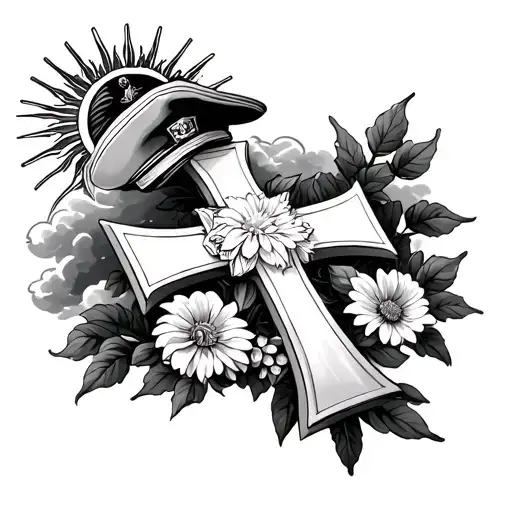Cross of Lorraine with flowers at the base a sailor cap placed on it solar radius and clouds tattoo design idea