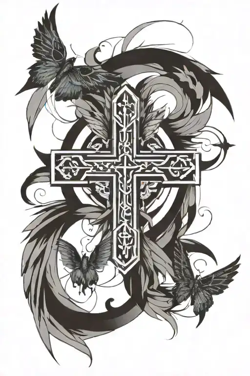 cristian cross with wings and noemi and miguel as names tattoo design idea