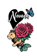 "Nevaeh" roses in  heart with butterflies and a lion tattoo design idea