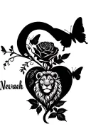 "Nevaeh" roses in  heart with butterflies and a lion tattoo design idea