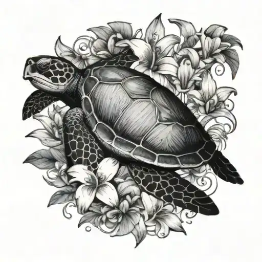 sea turtle with violets and Lilly's around it  tattoo design idea