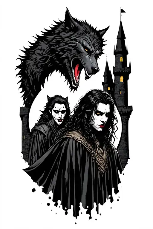 werewolf and vampire with castle in the background tattoo design idea