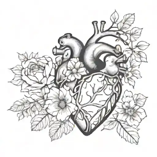 anatomical heart fused with flowers tattoo design idea