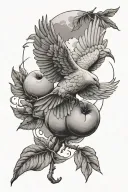dove carring peaches in the sky filled with clouds with sun tattoo design idea